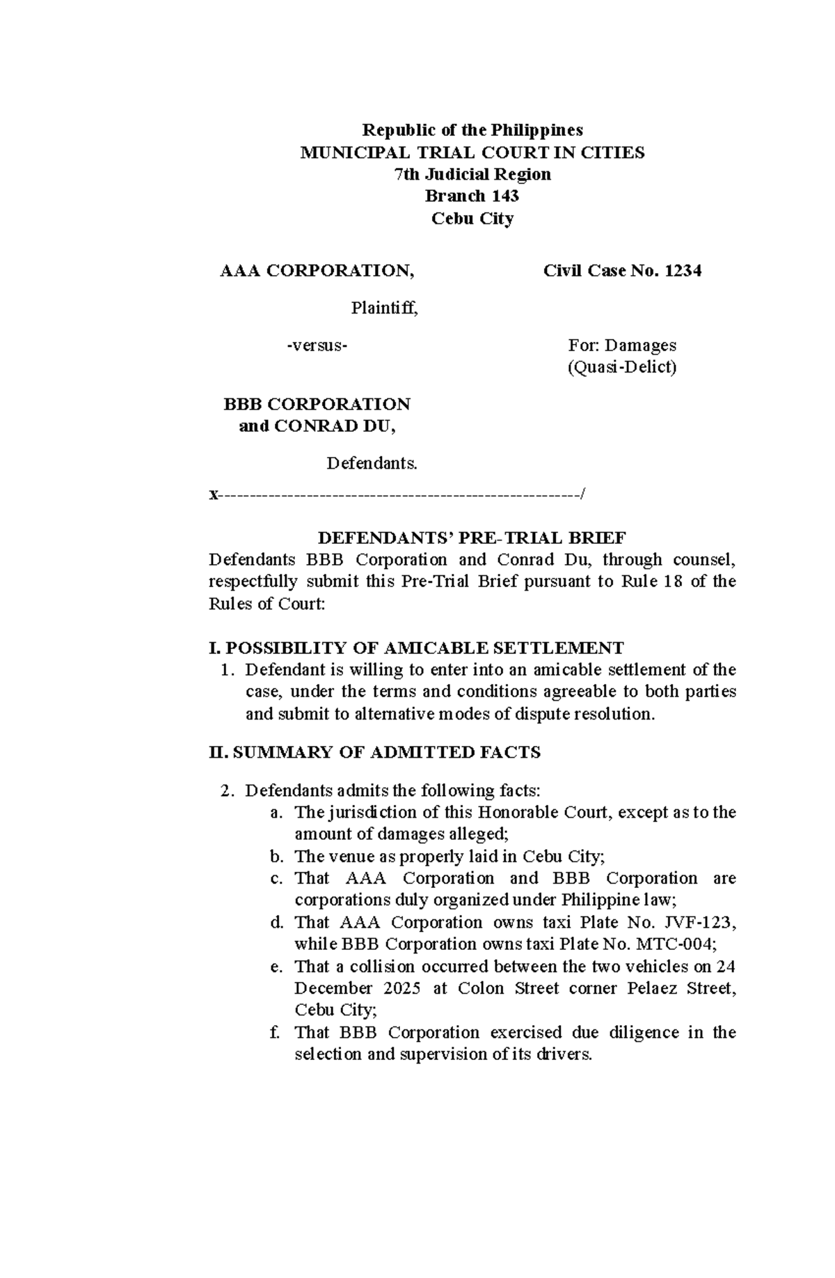 Pre-Trial Brief for Civil Case No. 1234 - Corporation vs. Du - Studocu