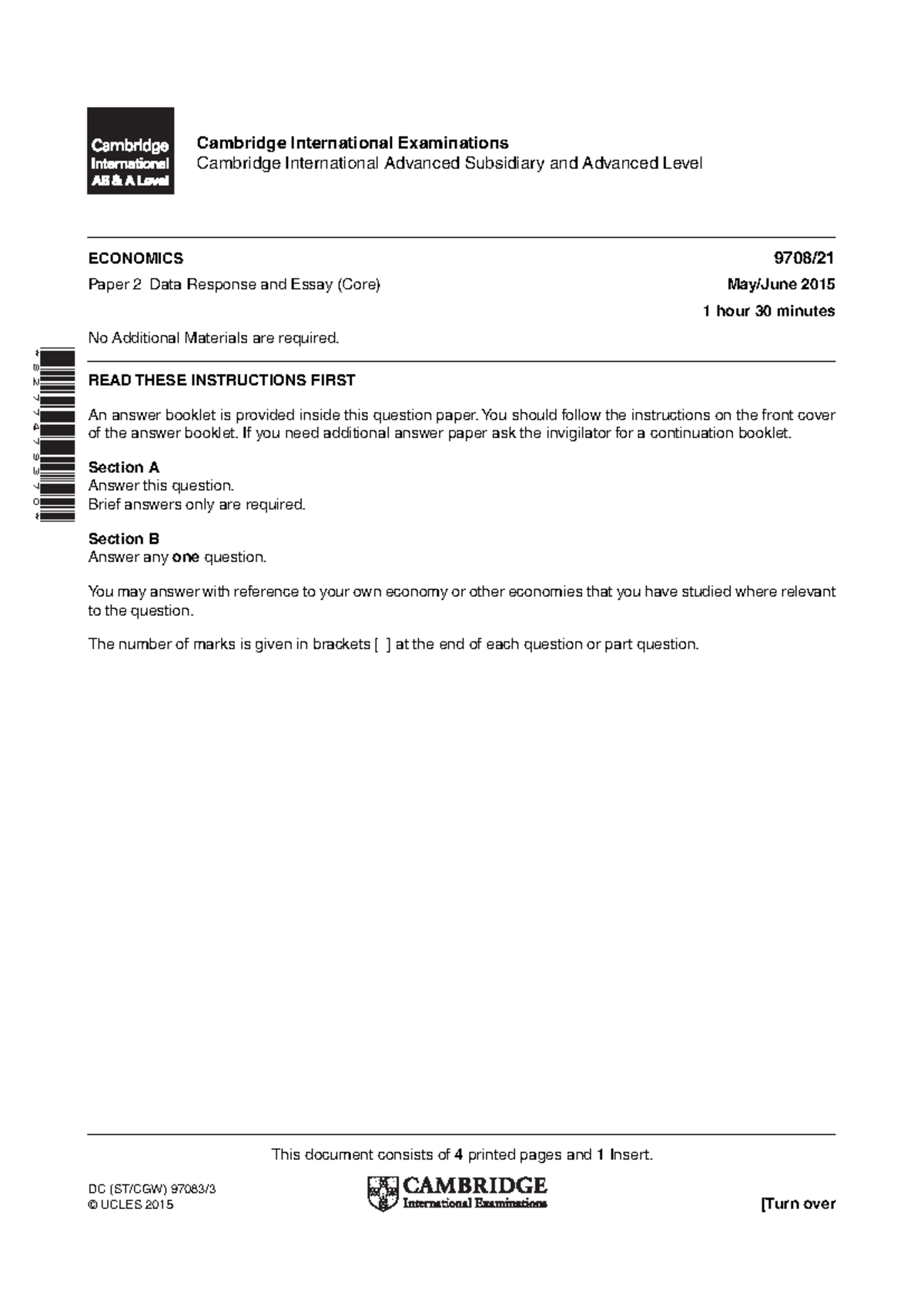 Economics 9708/21 May/June 2015 Question Paper and Answers - Studocu