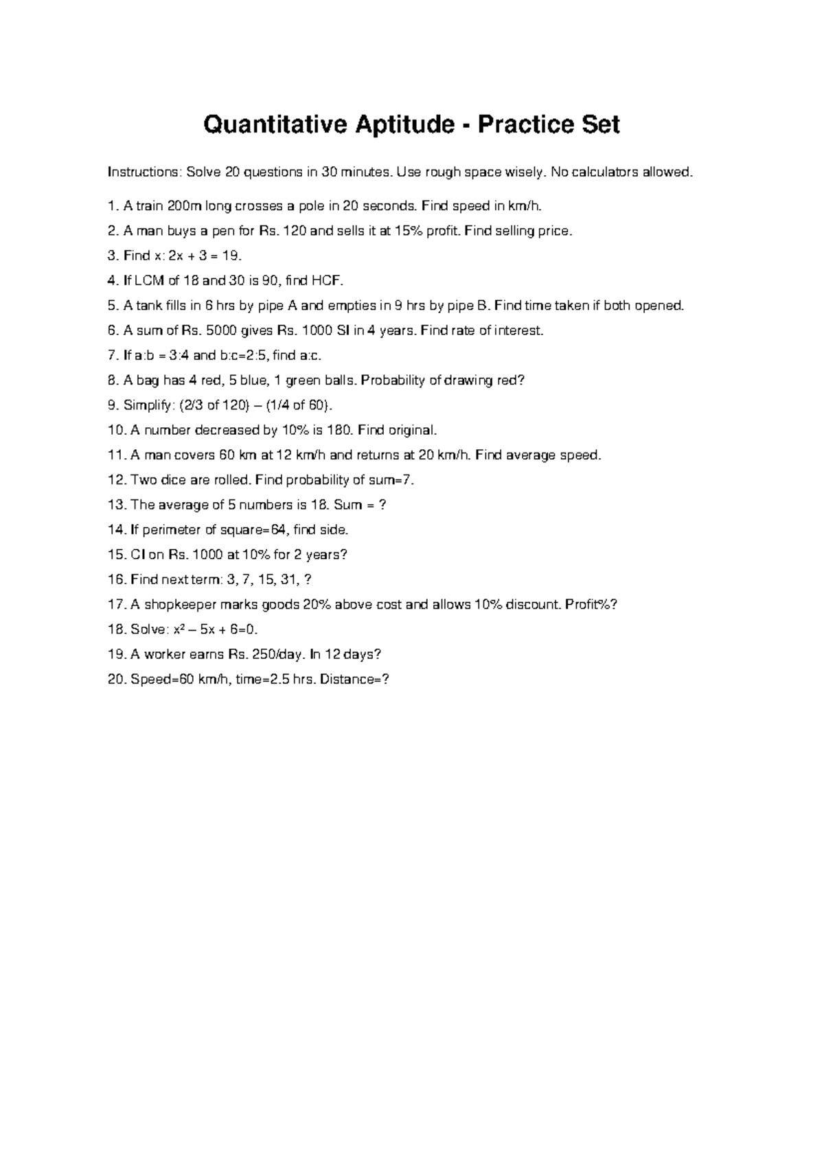 Quantitative Aptitude Practice Set: 20 Questions for Speed Test - Studocu