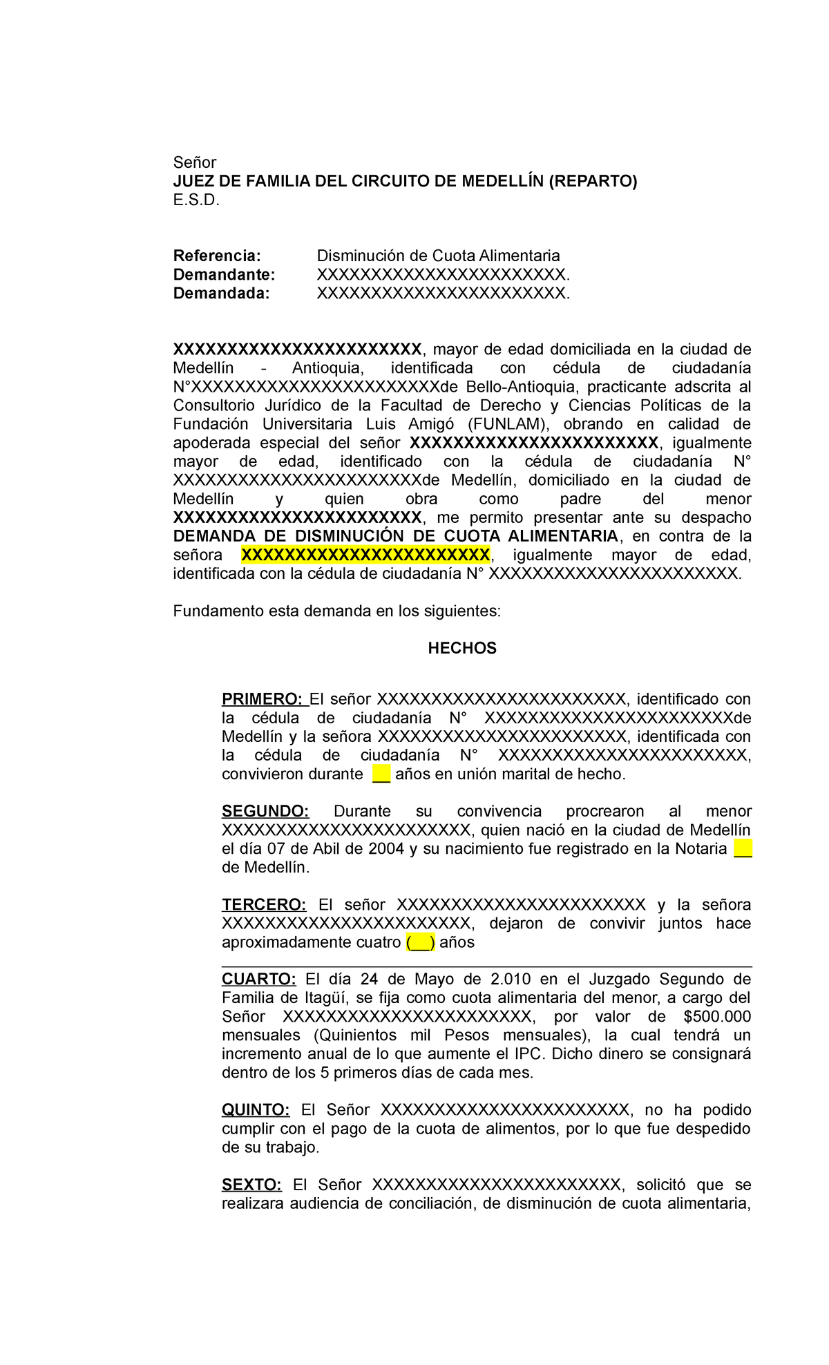 Demanda de Disminución de Cuota Alimentaria - Jurisprudencia FUNLAM - Document Preview
