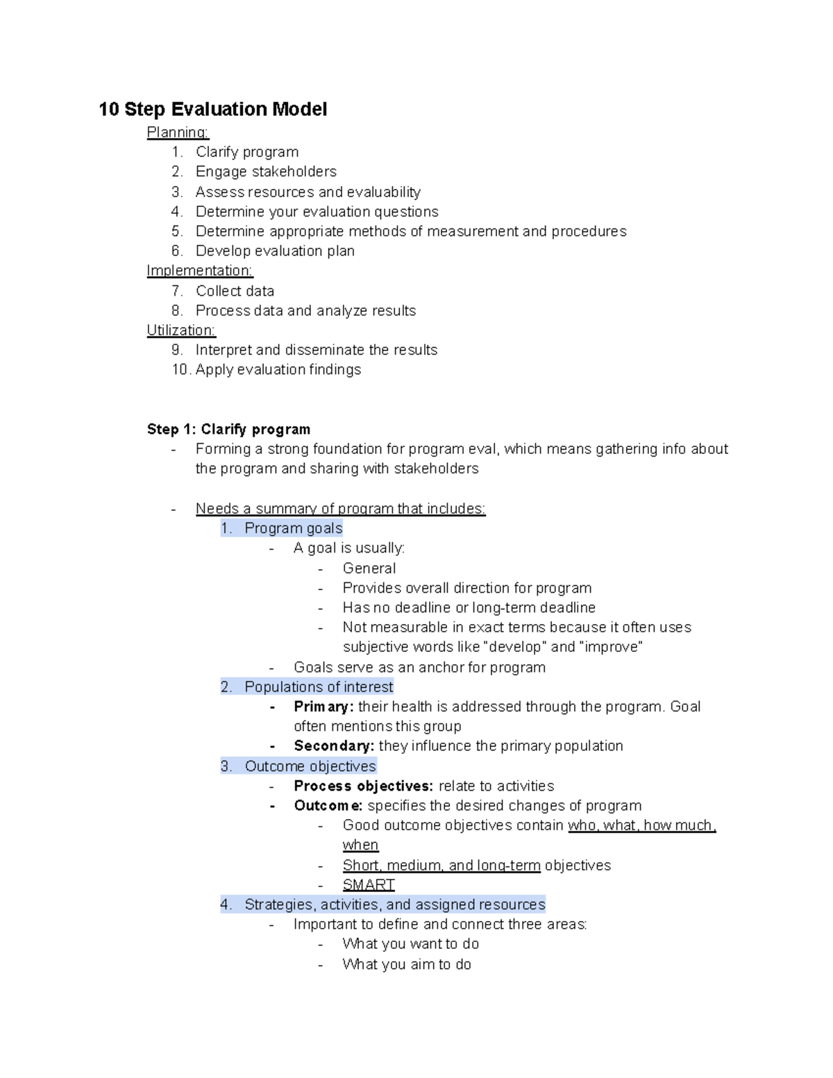 Reading Summary - 10 Step Evaluation Model Planning: 1. Clarify program ...