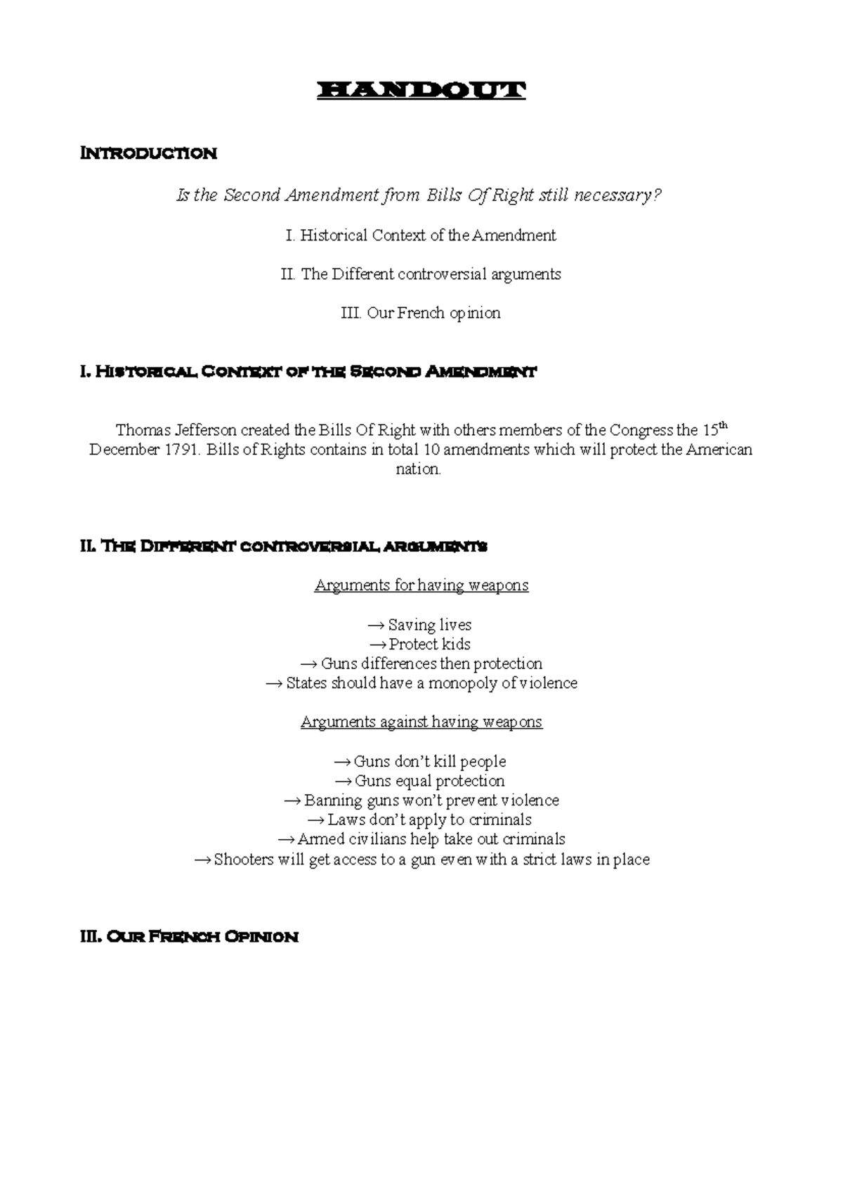 Handout - HANDOUT Introduction Is the Second Amendment from Bills Of ...