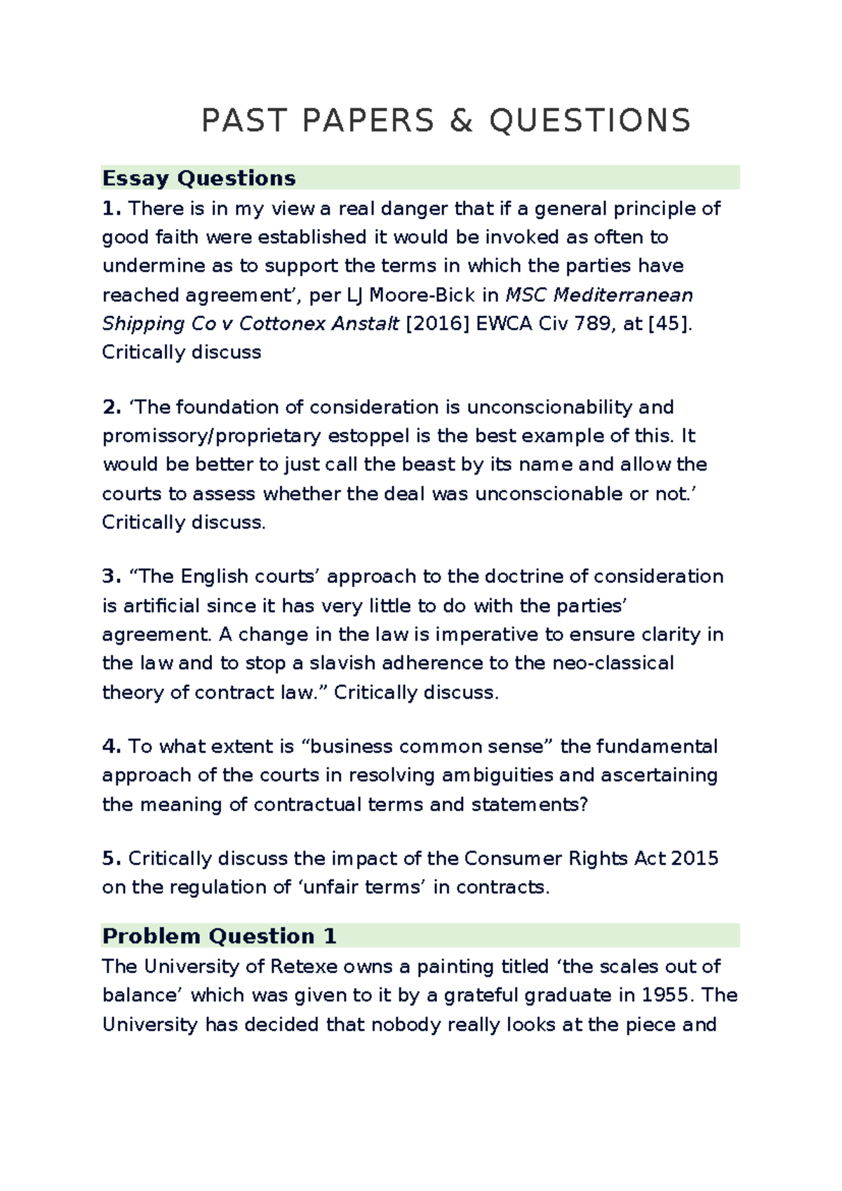 PAST PAPERS: Essay & Problem Questions for Law Course (Sample Exam ...