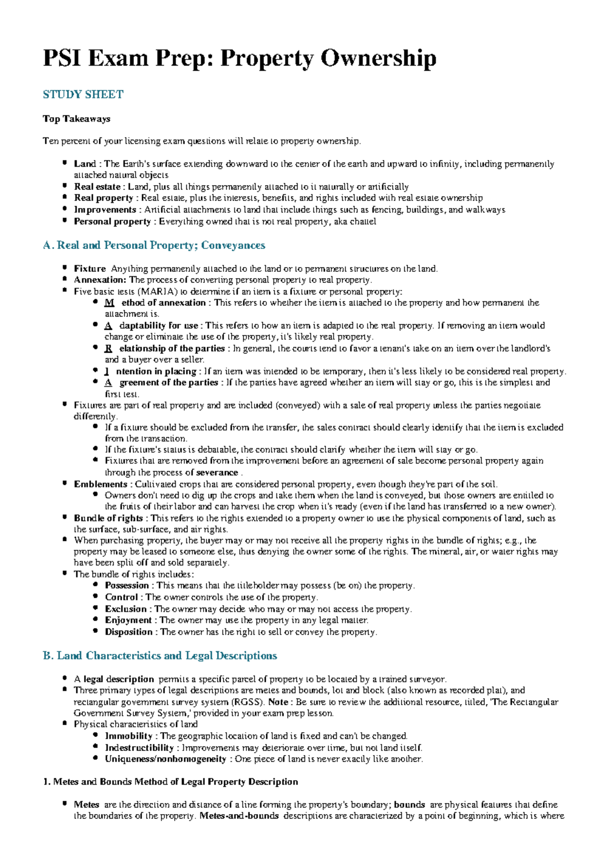 PSI Exam Prep: Study Sheet for Property Ownership Concepts - Studocu
