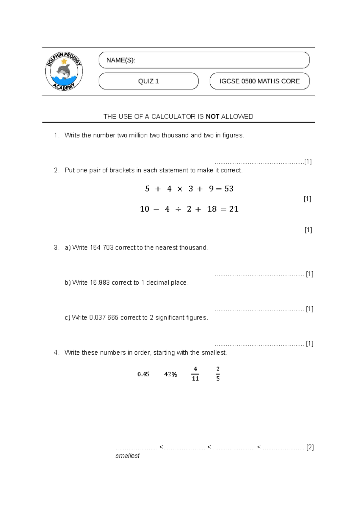 IGCSE Maths Core Quiz 1: Calculator Not Allowed - Studocu