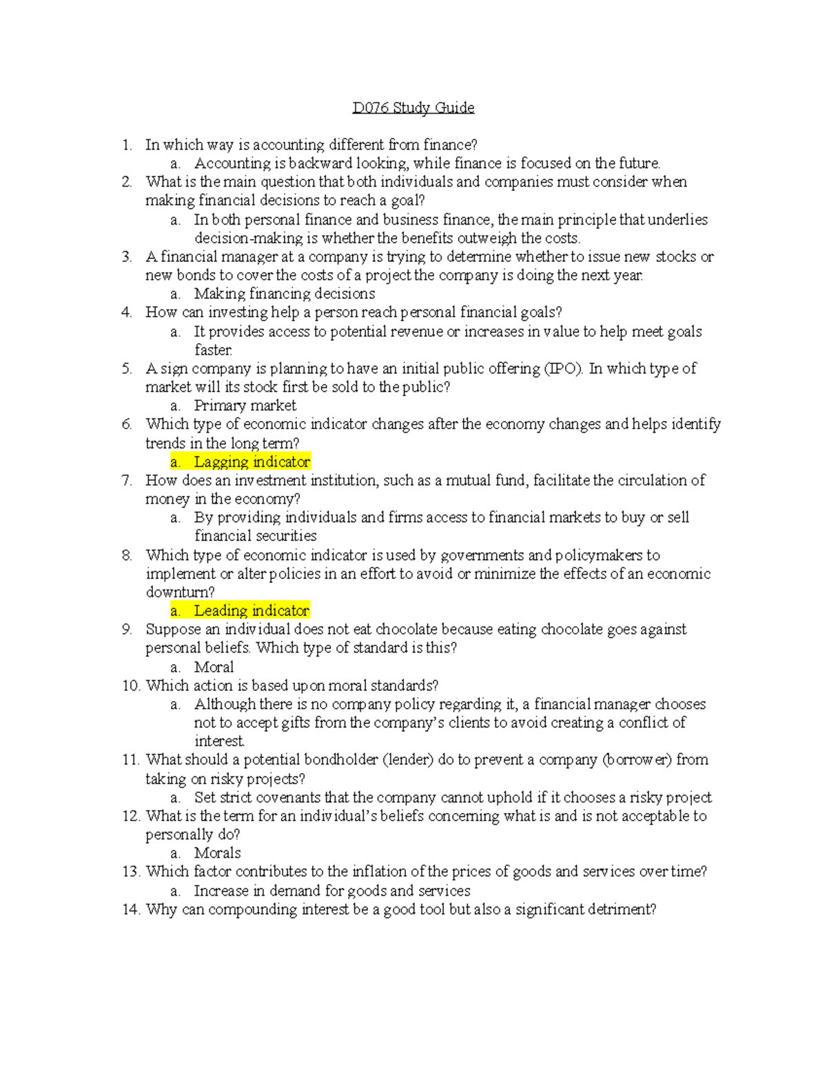 D076 Study Guide: Key Concepts in Finance and Accounting - Studocu