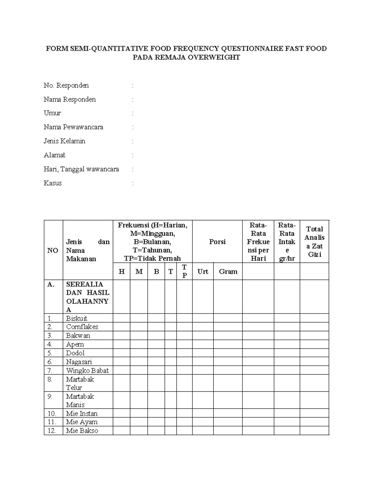 SQ FFQ: Food Frequency Questionnaire on Fast Food for Overweight Teens ...