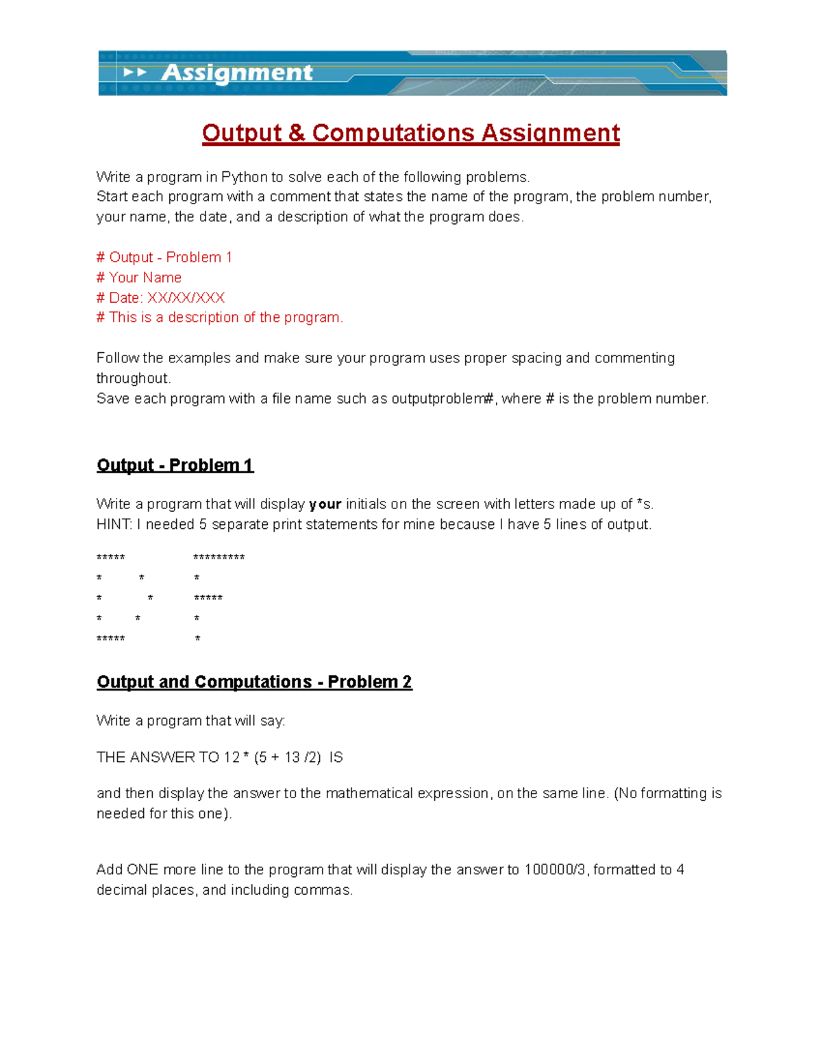 Output & Computations Assignment: Python Program Tasks - Studocu