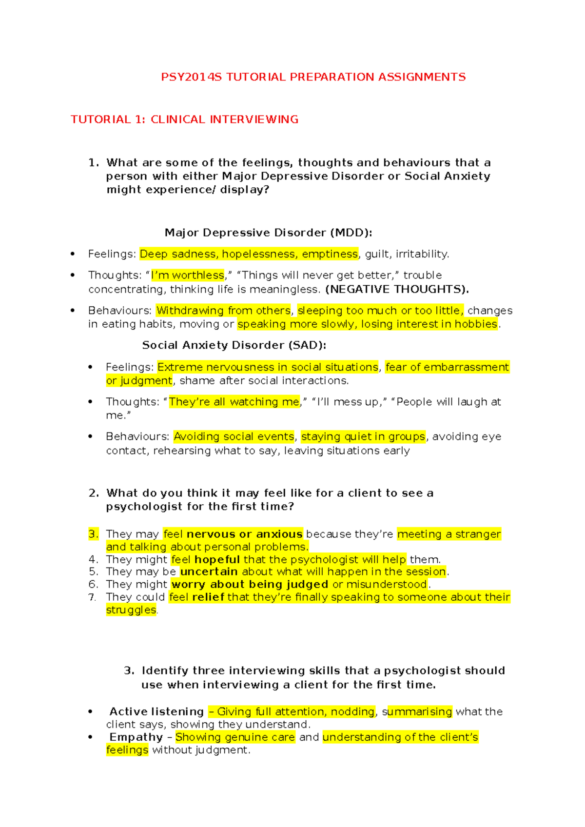 PSY2014S Tutorial Prep: Clinical Interviewing & Anxiety Disorders ...