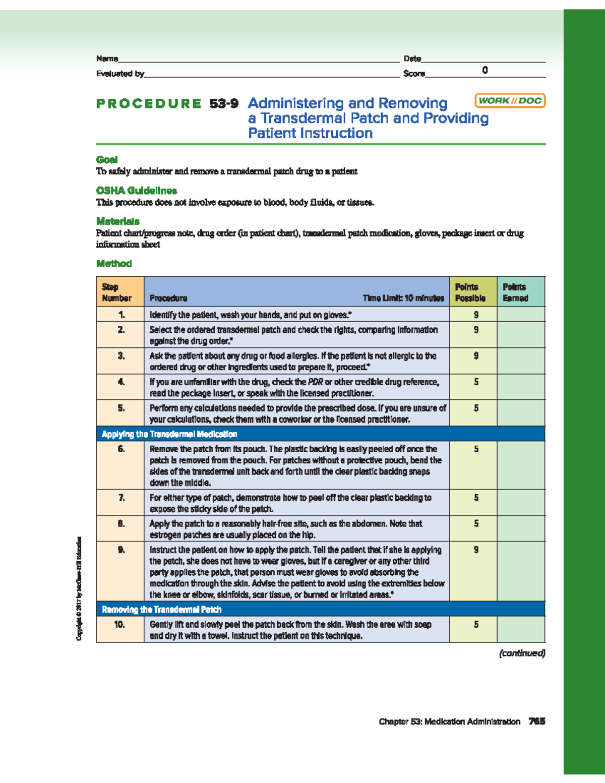 Skill Checklist Administering and Removing a Transdermal Patch and ...