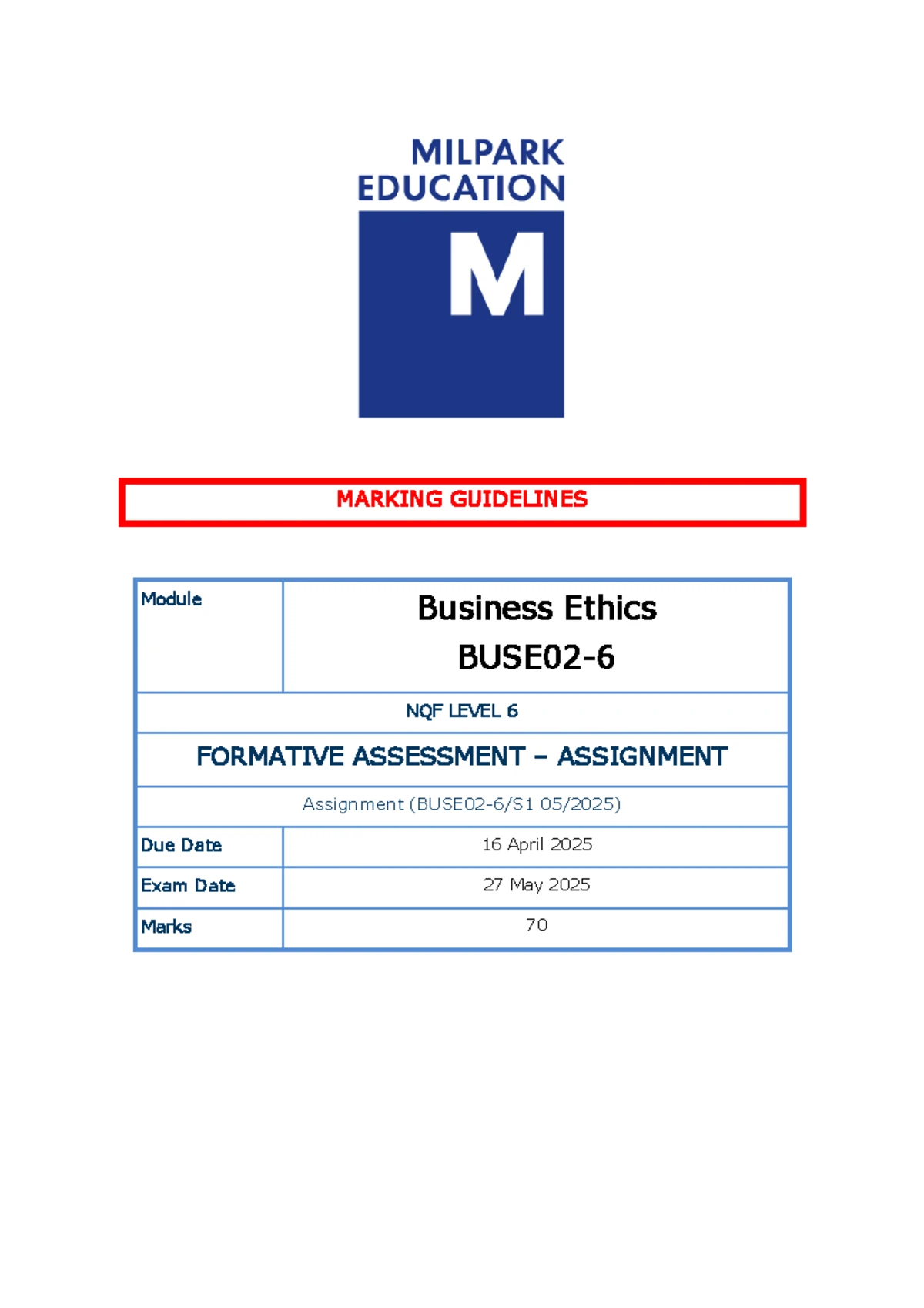 Business Ethics NQF Level 6 Formative Assessment - April 2025 - Studocu