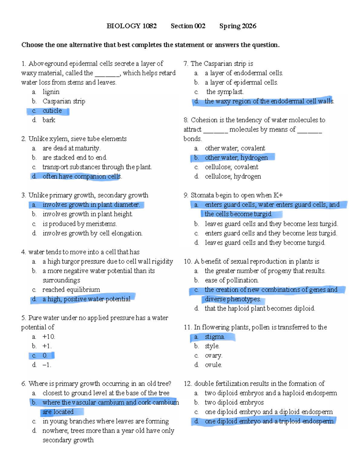 BIOLOGY 1082 Mock Exam 2 - Spring 2026 Study Guide - Studocu