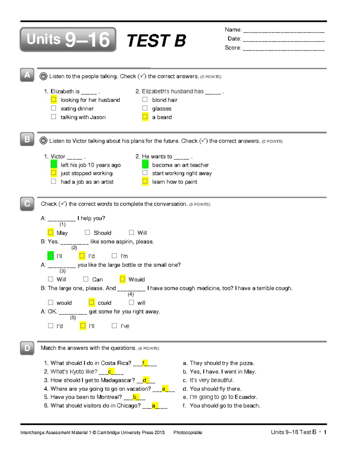 Quiz 9-16 (Test B) - Listening and Language Practice from Cambridge ...