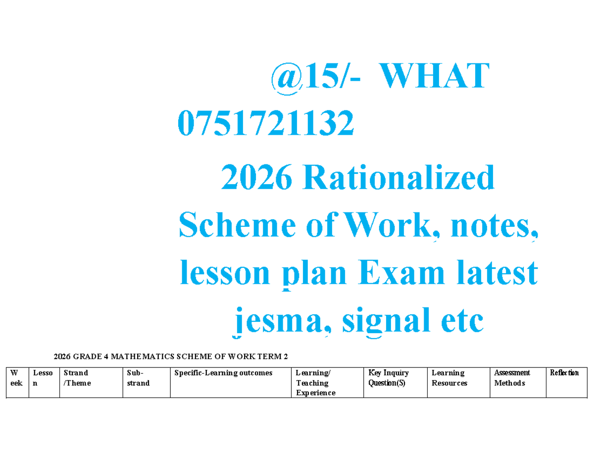 Grade 4 Mathematics Scheme of Work Term 2 - KLB Visionary - Studocu