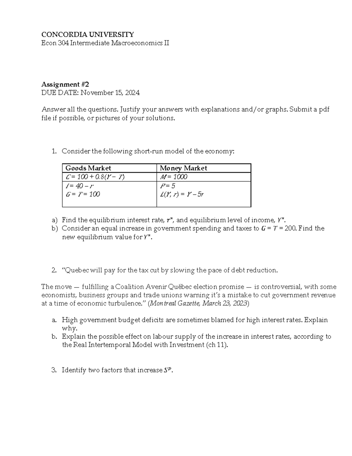 Econ 304 Fall 2024 - Assignment 2 - CONCORDIA UNIVERSITY Econ 304 ...