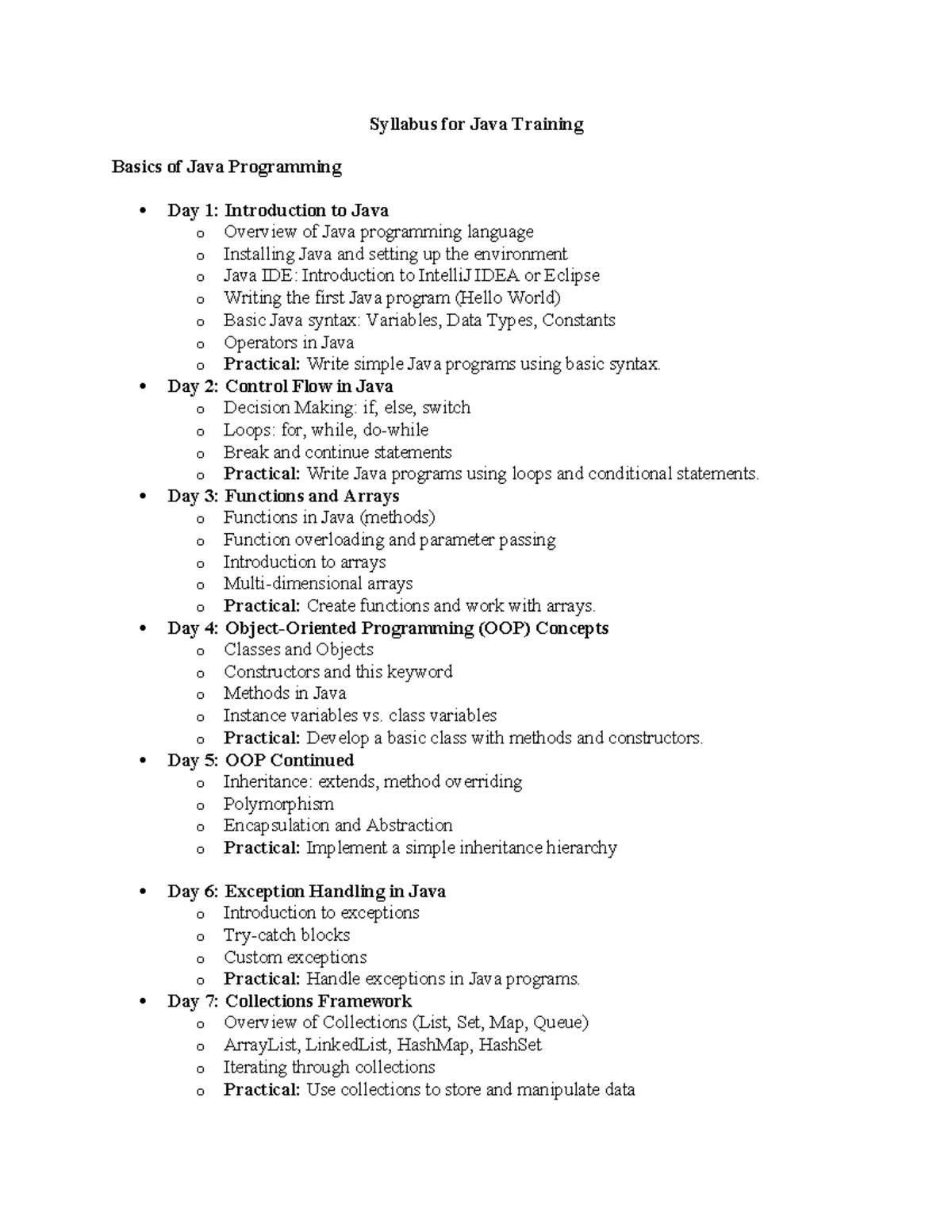 Java Training Syllabus: Comprehensive Overview of Programming Concepts ...