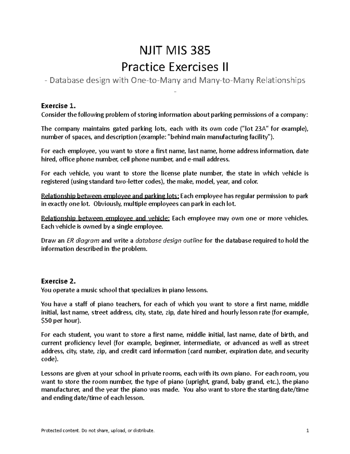 NJIT MIS 385: Practice Exercises II on Database Design Relationships ...