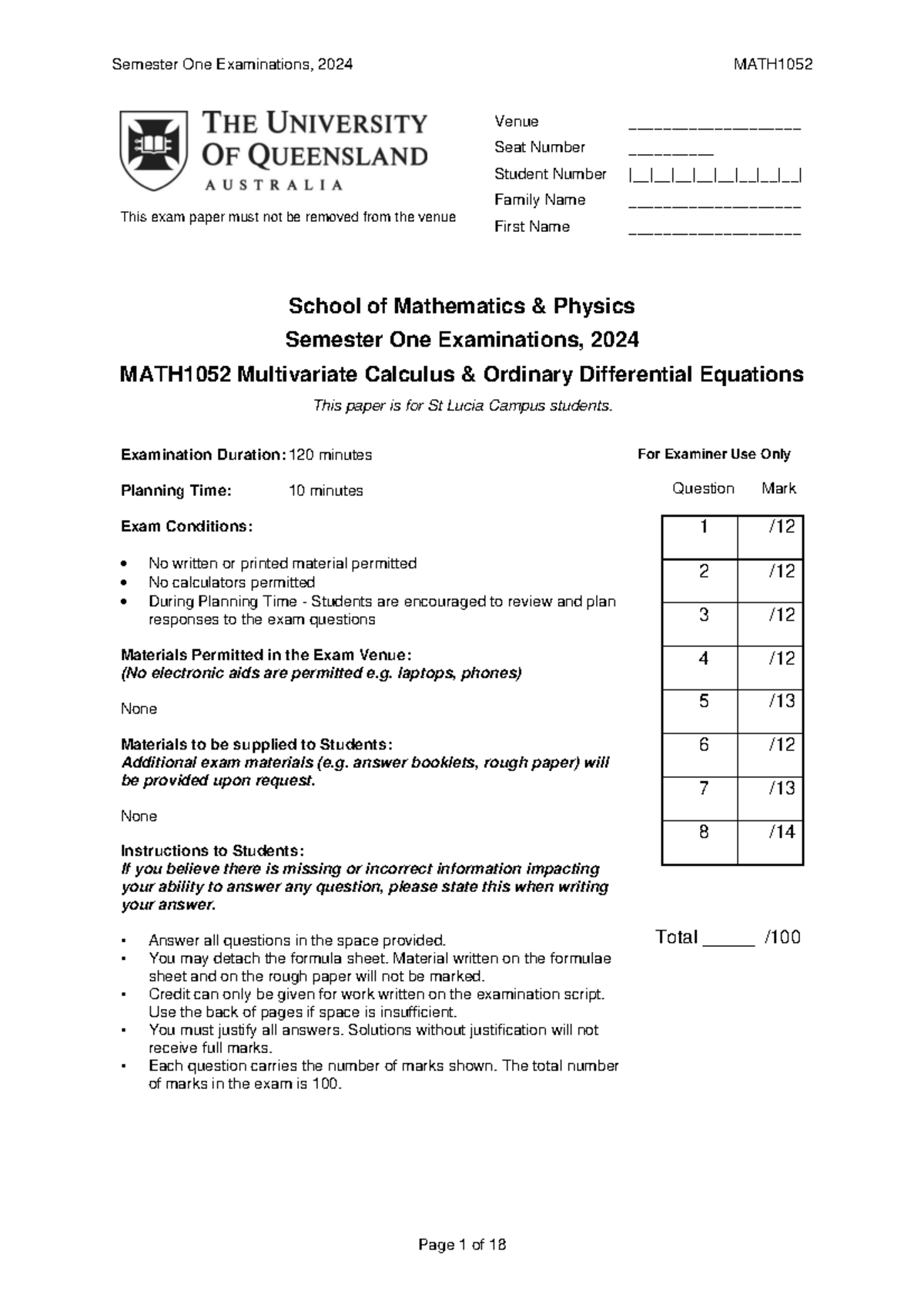 MATH1052 2024 Sem 1 Final Exam - Multivariate Calculus & Differential ...