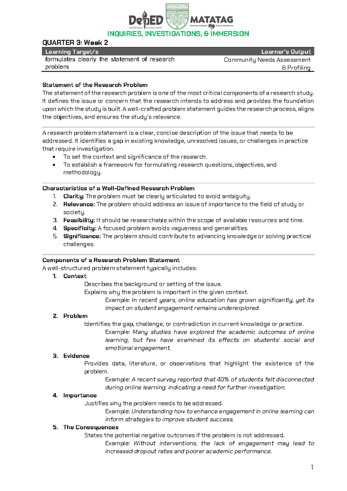 Q3W2-Research Problem - QUARTER 3: Week 2 Learning Target/s Learner’s ...