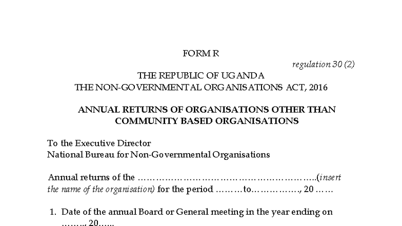 FORM R Annual Returns for Organizations (Regulation 30(2)) - Studocu