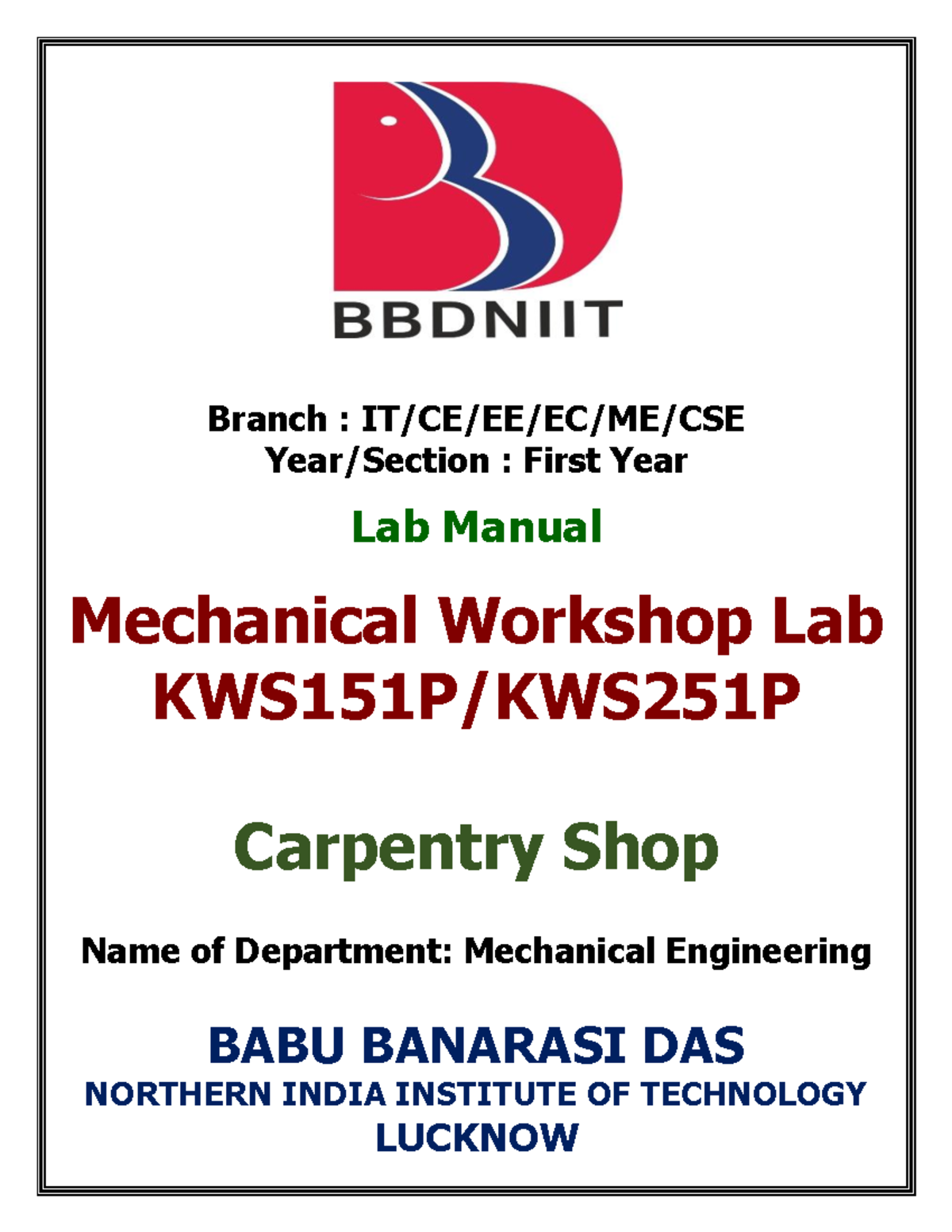 Lab Manual: Mechanical Workshop Lab (First Year) - Carpentry & Fitting ...