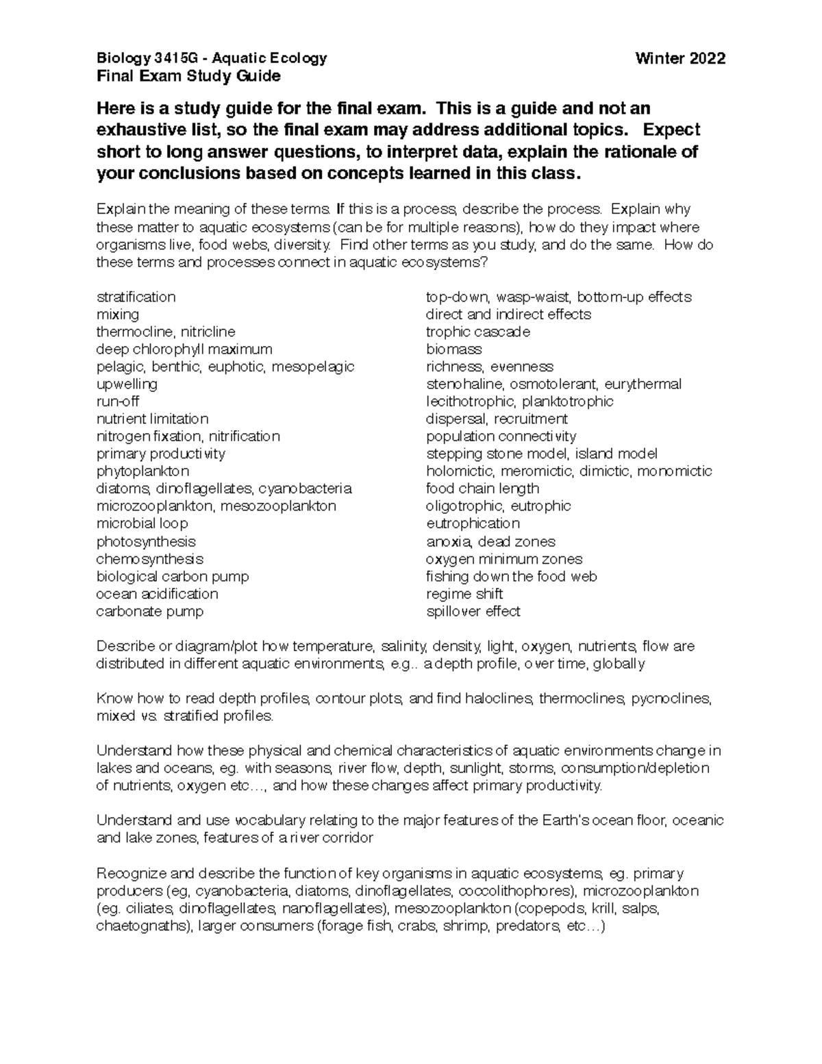 Biology 3415G Final Exam Study Guide for Aquatic Ecology 2022 - Studocu