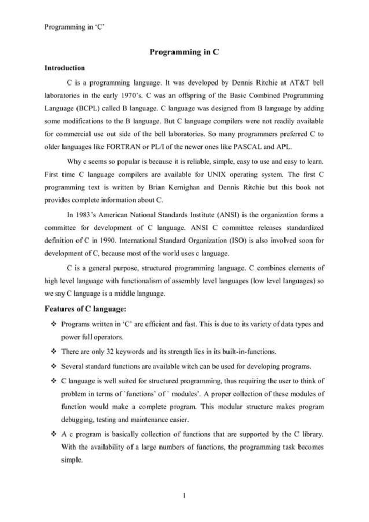 C Language - Important Notes for Programming in C - Studocu