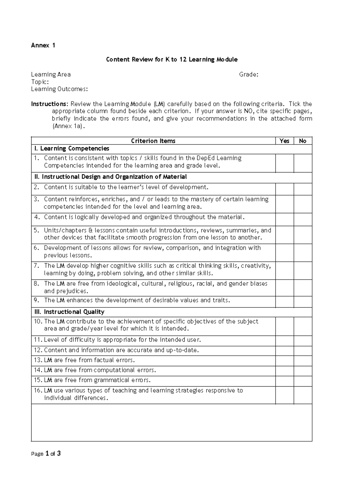 K12 Learning Module Content Review & Assessment Criteria Guide - Studocu