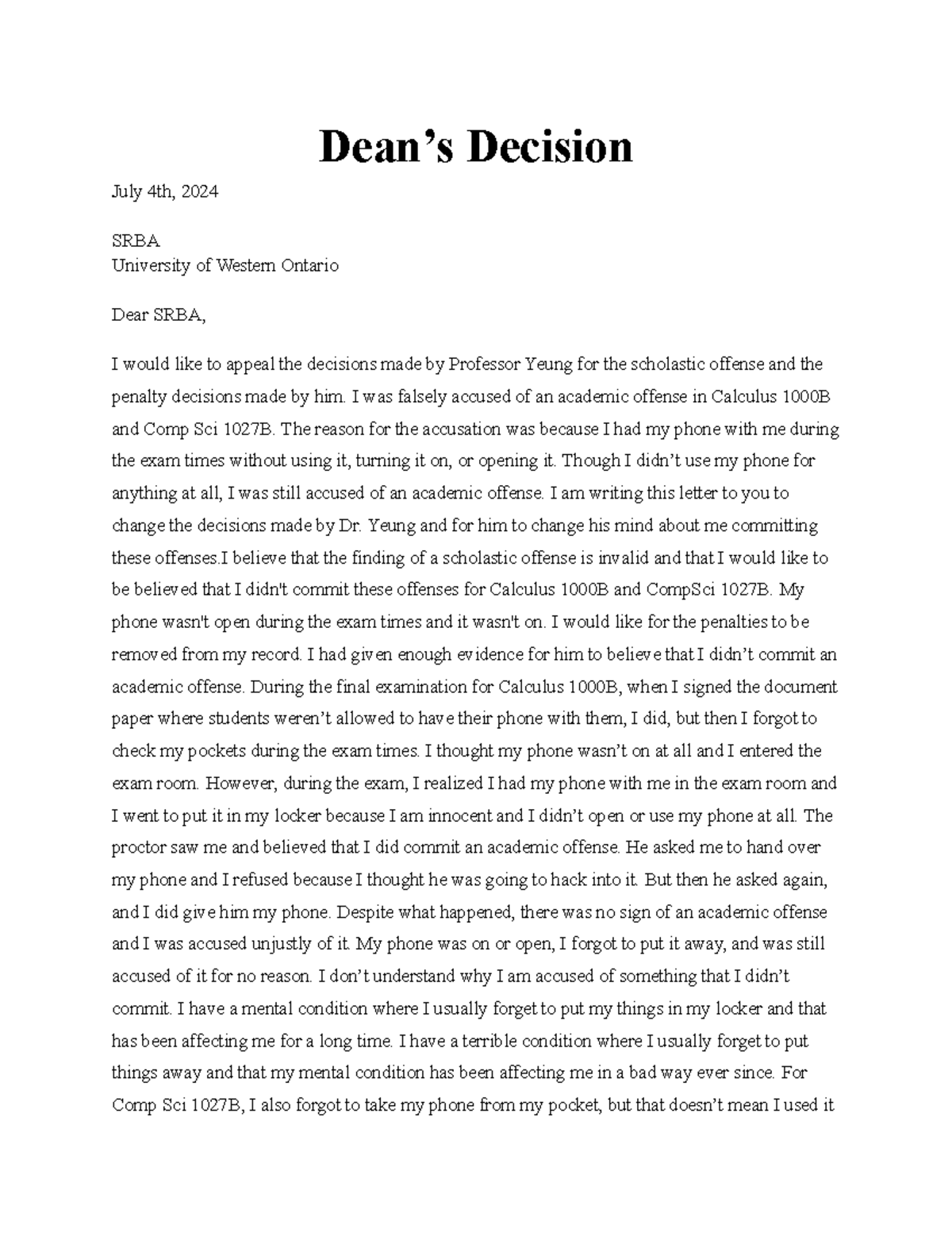 Dean's Decision - Appeal Letter - Dean’s Decision July 4th, 2024 SRBA ...