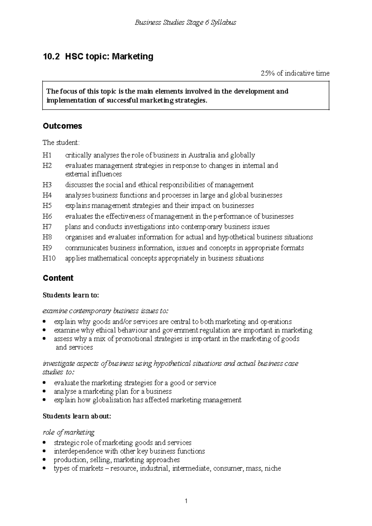 Business Studies Stage 6 Syllabus 10.2: Marketing Strategies Overview ...
