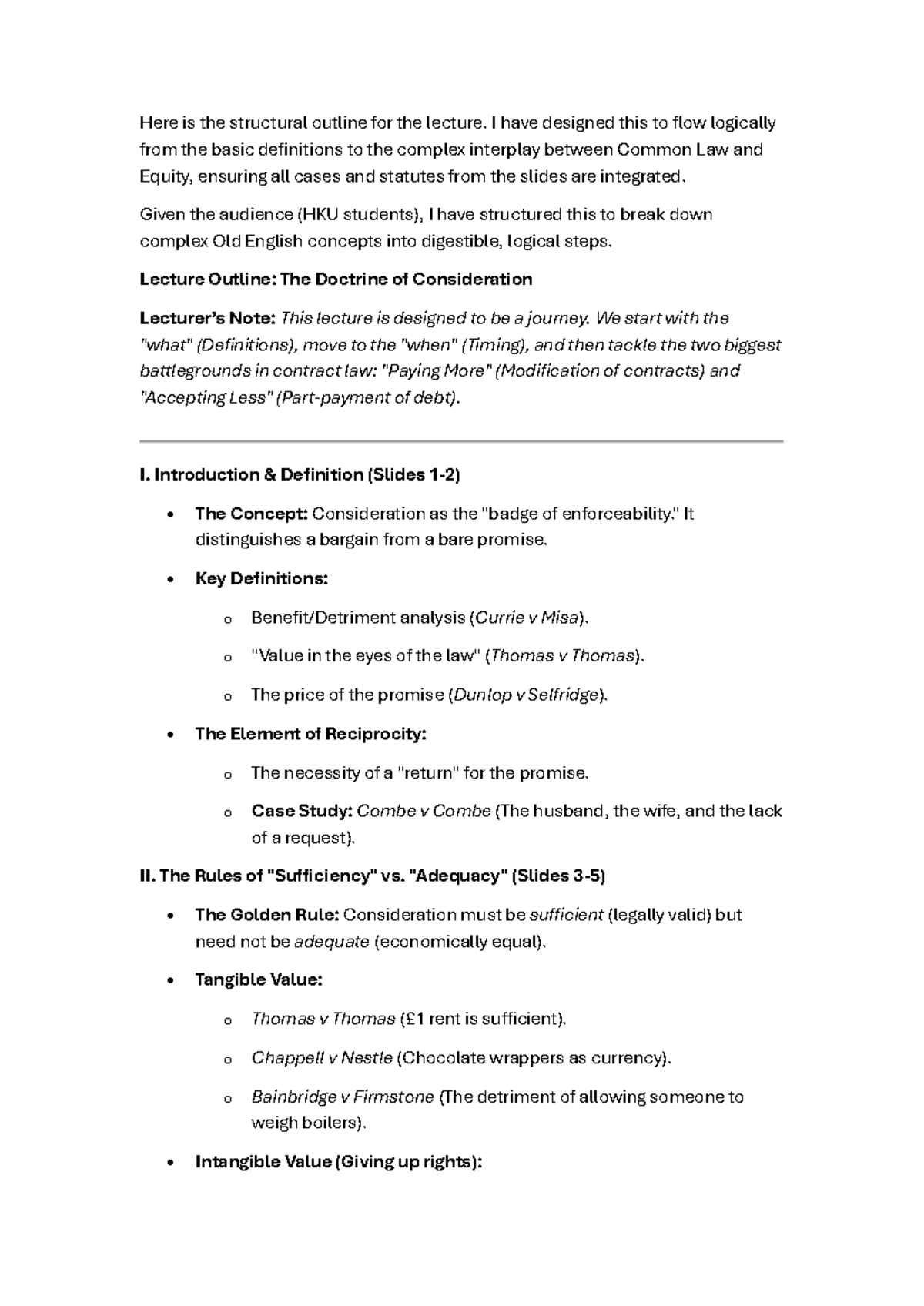 Lecture Outline: The Doctrine of Consideration (LAW101) - Studocu