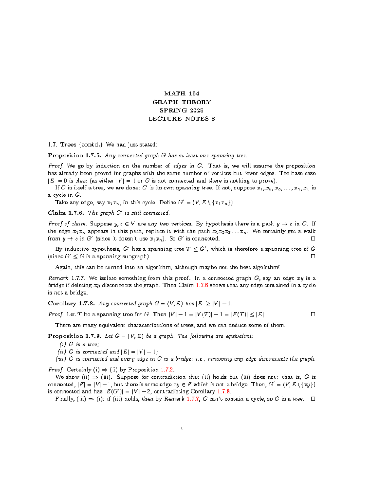 MATH 154 Lecture Notes: Graph Theory - Trees (1.7) Spring 2025 - Studocu