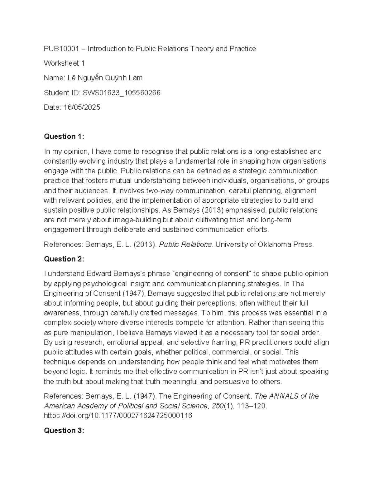 PUB10001 - Introduction to Public Relations Theory & Practice Worksheet ...