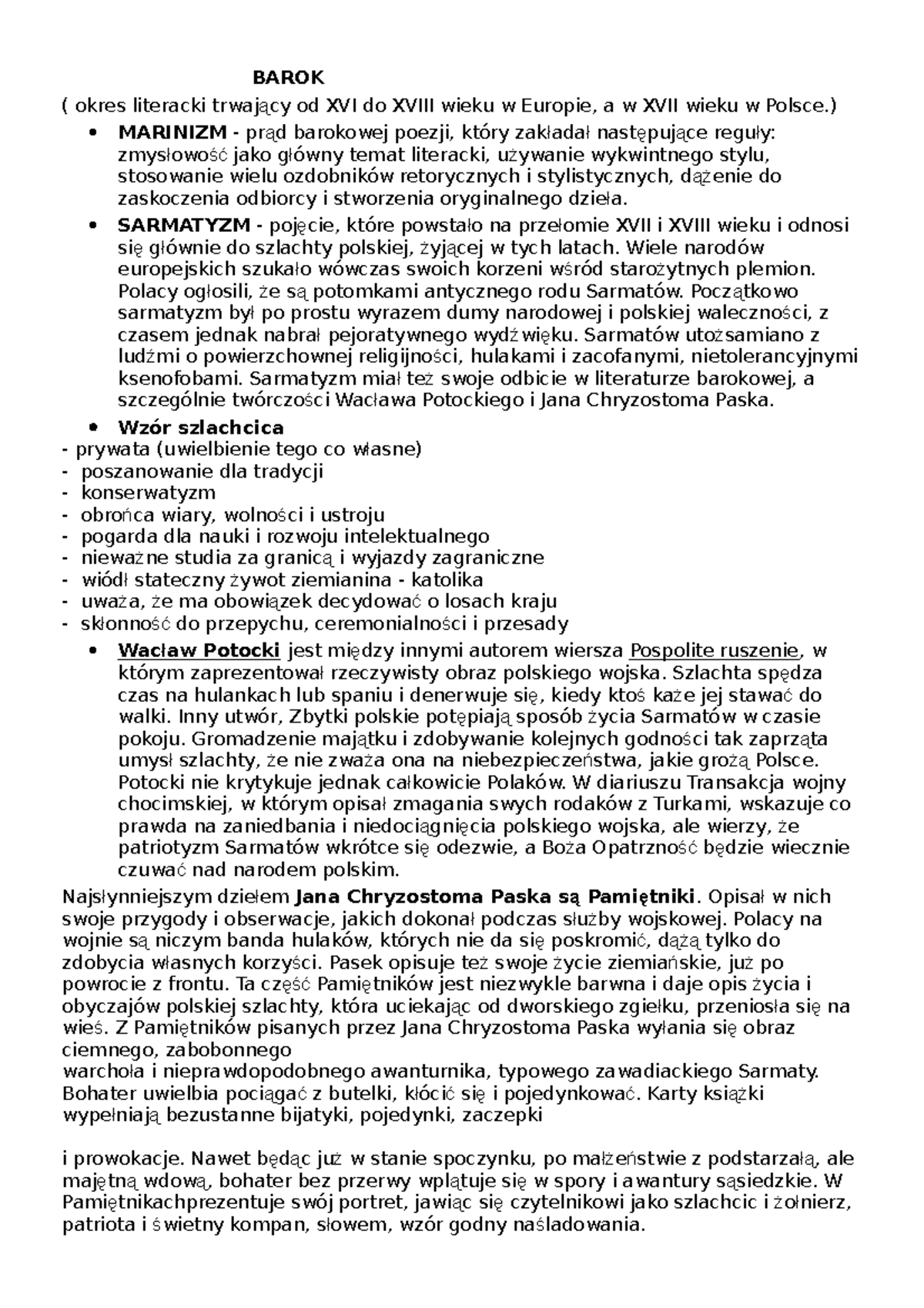Barok - Notatki i materiały przydatne do matury z języka polskiego