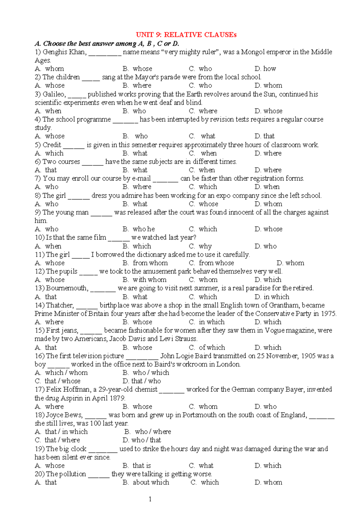 UNIT 9: RELATIVE CLAUSES - Practice Questions and Answers - Studocu