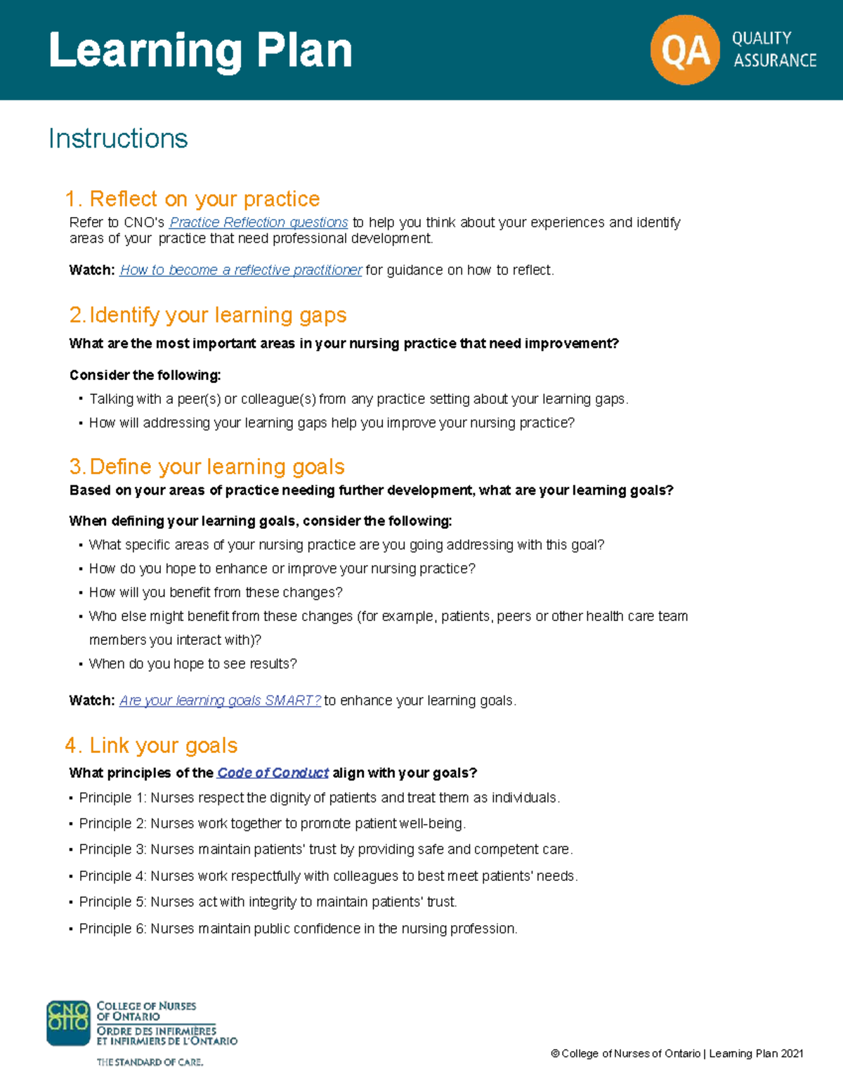 CNO 2021 Learning Plan: Reflective Practice & Goal Setting - Studocu