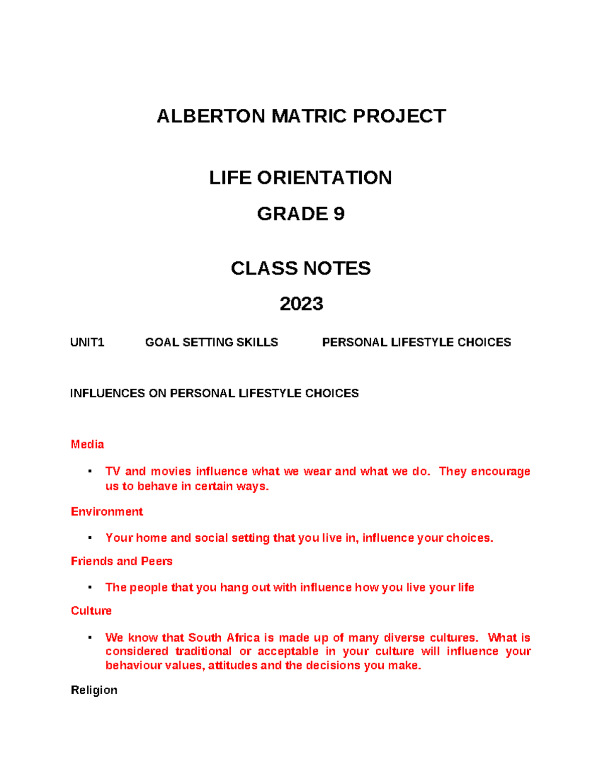 Grade 9 LO Notes T1 2024: Goal Setting, Safety, & Rights - Studocu