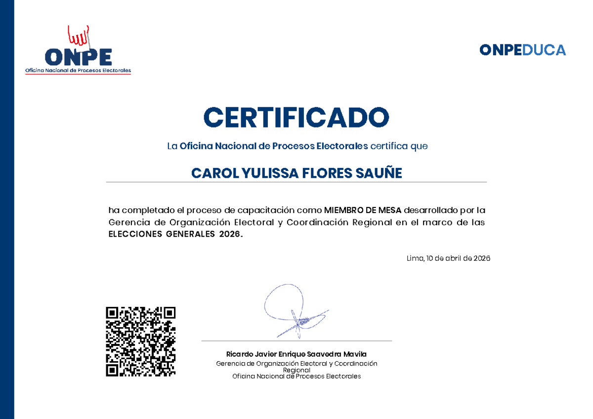 Certificado ONPE - Xfgg - CERTIFICADO La Oficina Nacional de Procesos ...