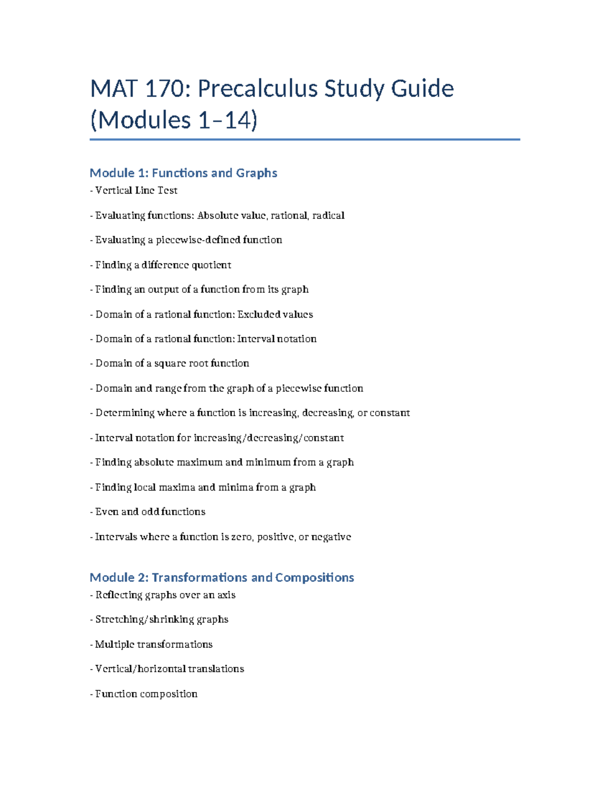 MAT 170: Comprehensive Precalculus Study Guide (Modules 1-14) - Studocu