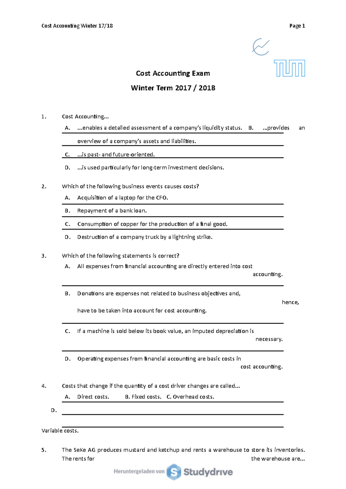 WS1718 Cost Accounting Exam Solutions Overview and Key Concepts - Studocu