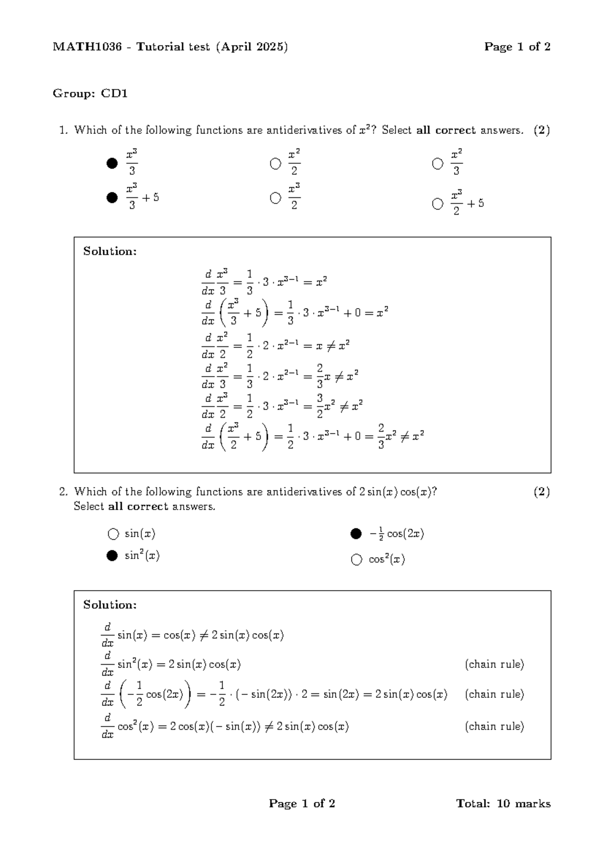 MATH1036 Tutorial Test Answers (April 2025) - Group CD1 - Studocu