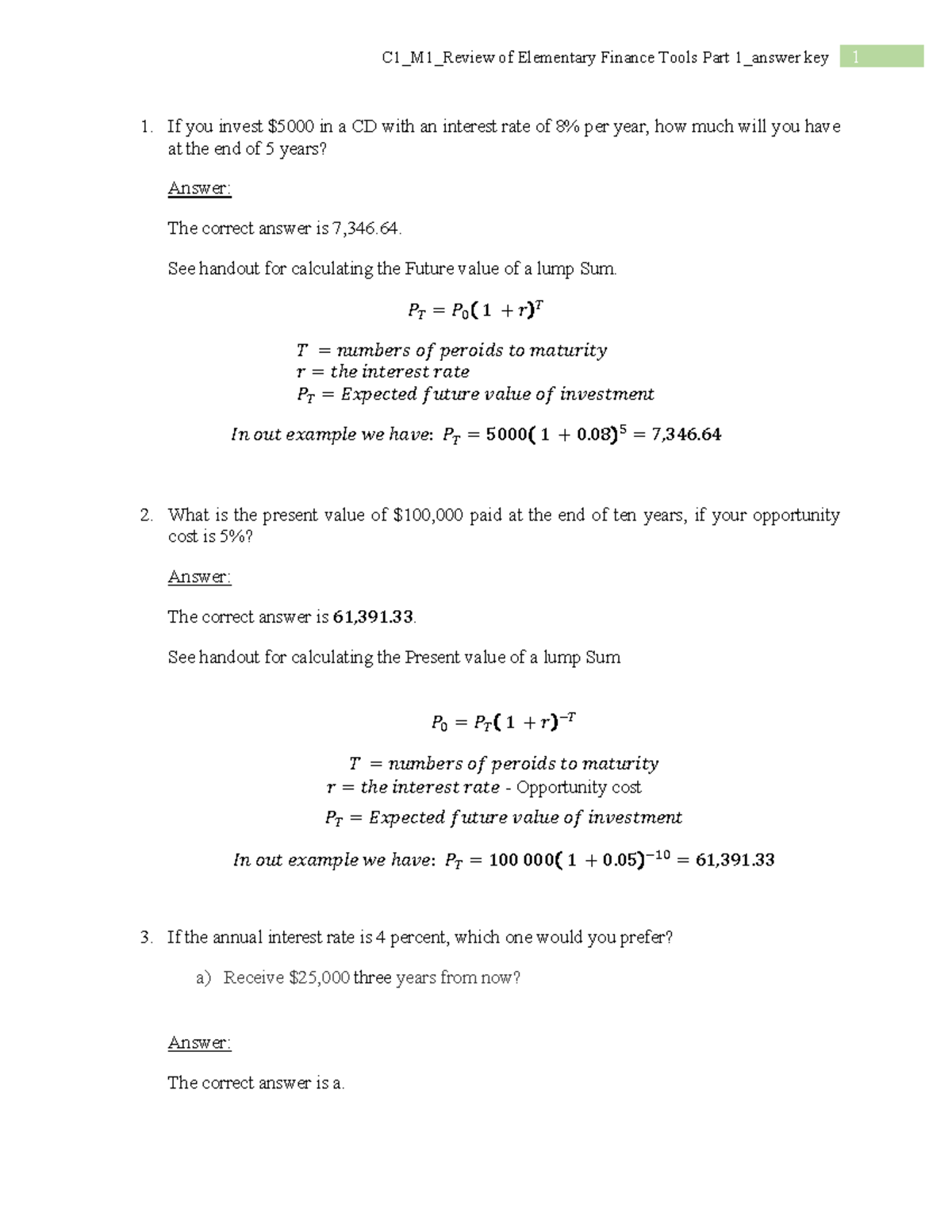 C1_M1_Review of Elementary Finance Tools Part 1 Answer Key - Studocu