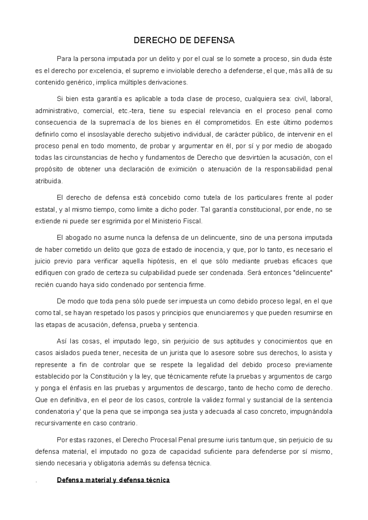 DERECHO DE DEFENSA EN PROCESO PENAL: ANÁLISIS Y GARANTÍAS - Studocu