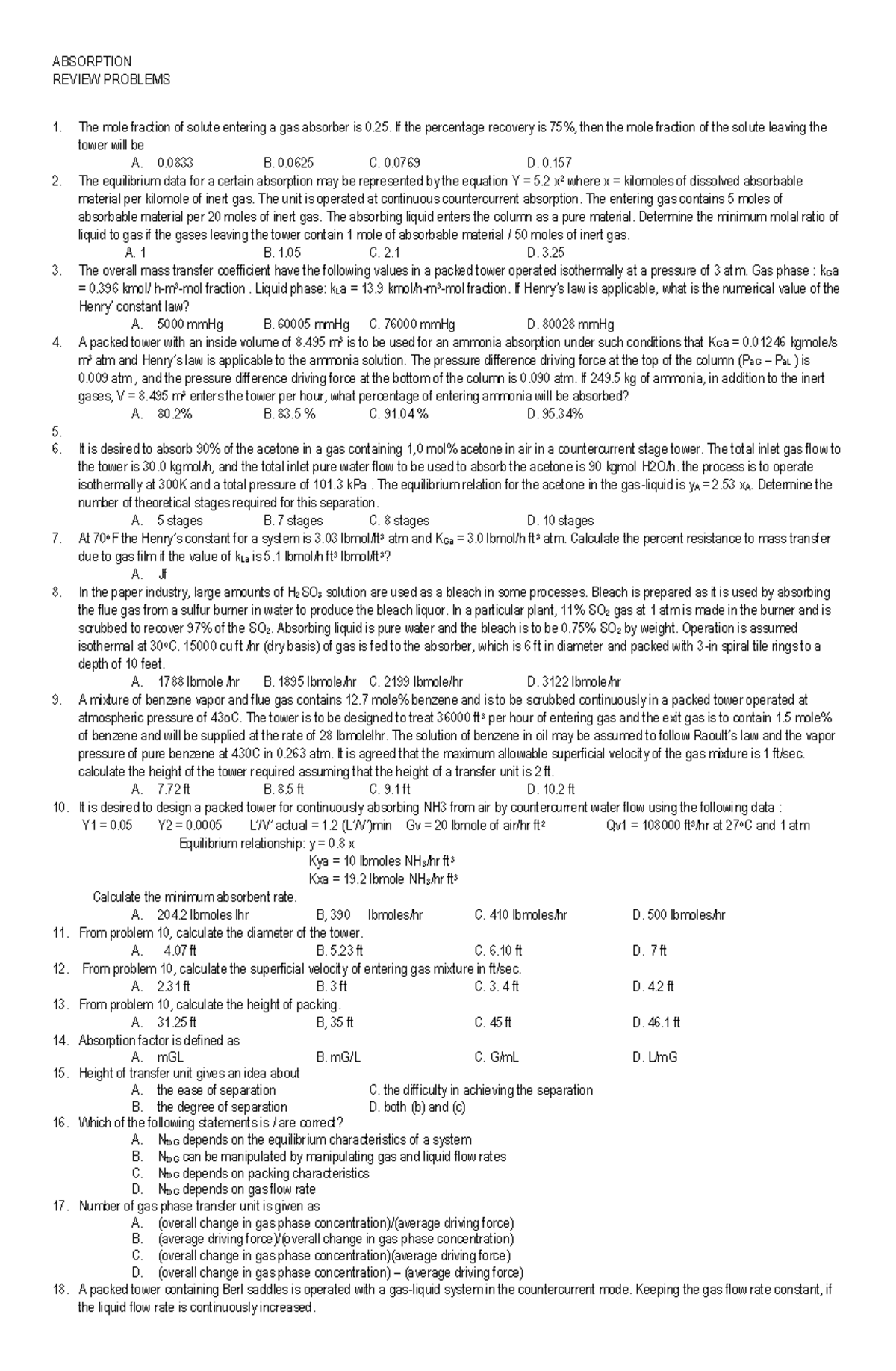 GAS Absorption Review Problems 2024 - Understanding Key Concepts - Studocu