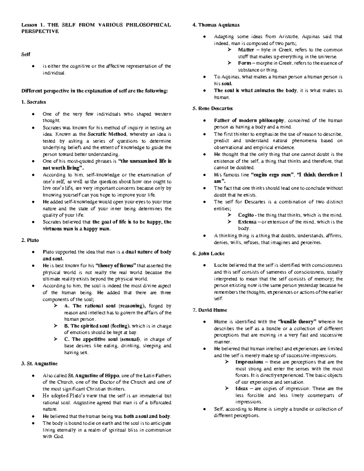 UTS Midtermm Reviewer - Lesson 1. THE SELF FROM VARIOUS PHILOSOPHICAL ...