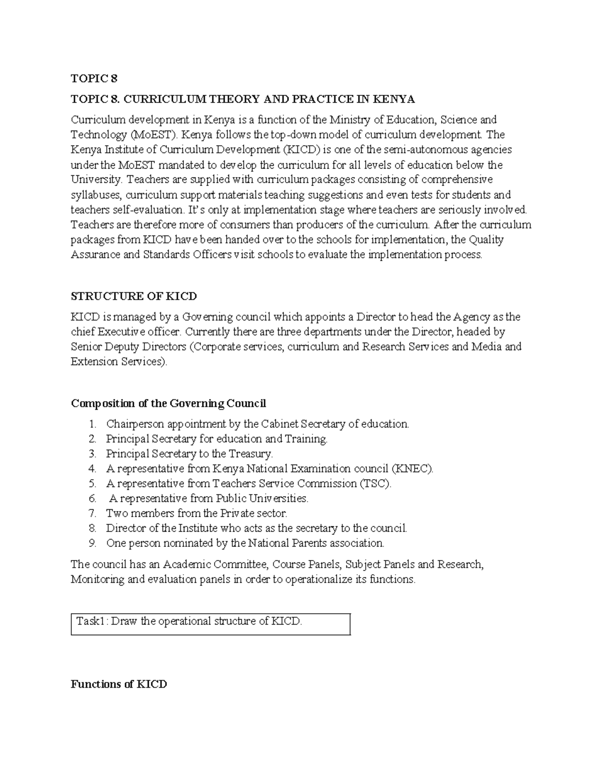 Topic 8: Curriculum Theory & Practice in Kenya - KICD Overview - Studocu