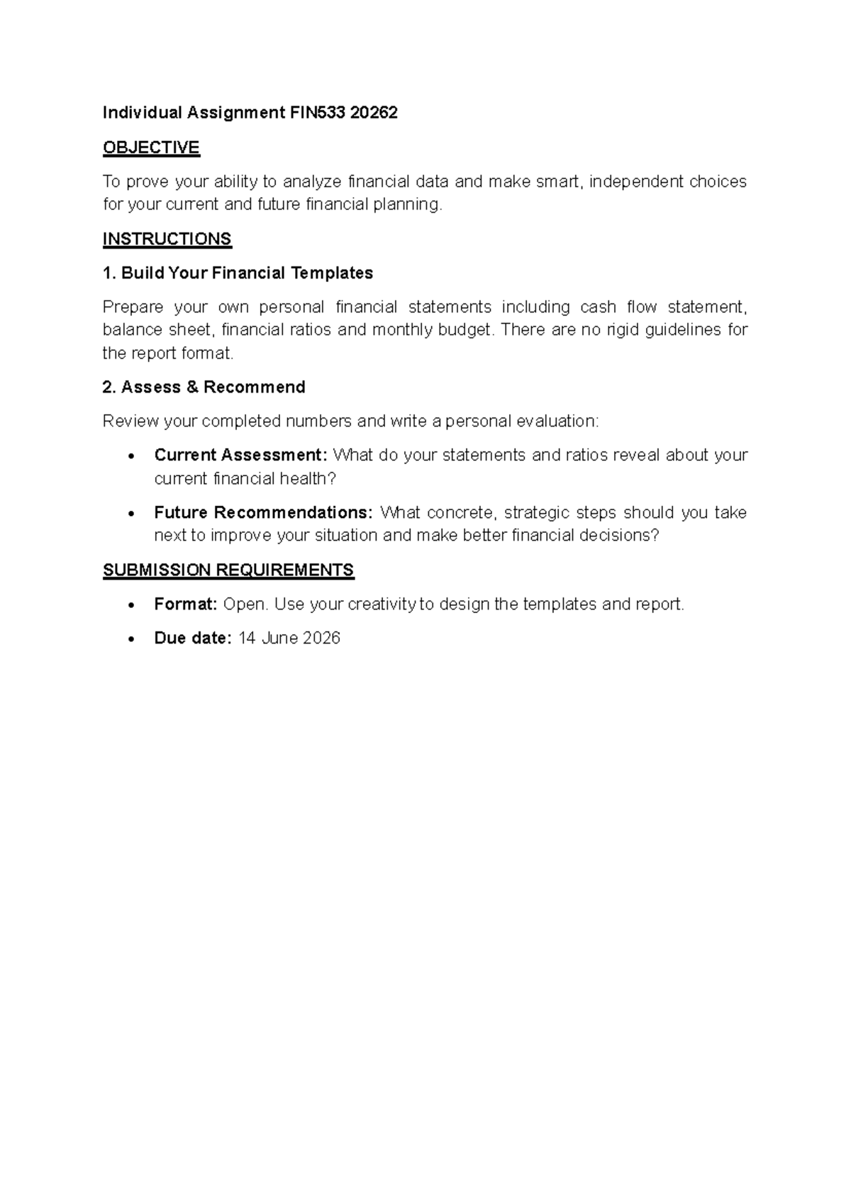 Personal Financial Analysis Assignment FIN533 20262 - Studocu