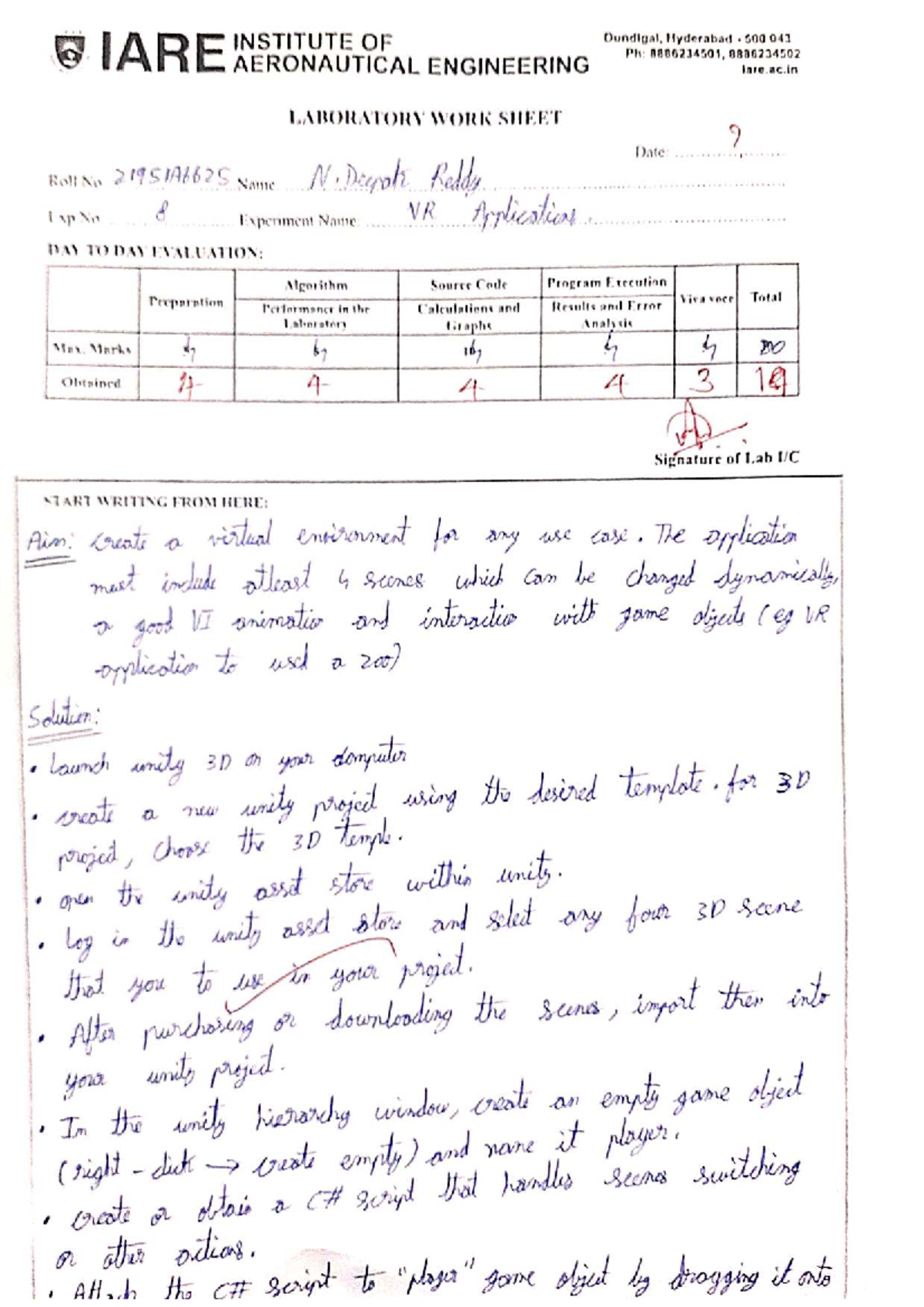 IARE AERONAUTICAL ENGINEERING Lab Worksheet 9: VR Applications Notes ...