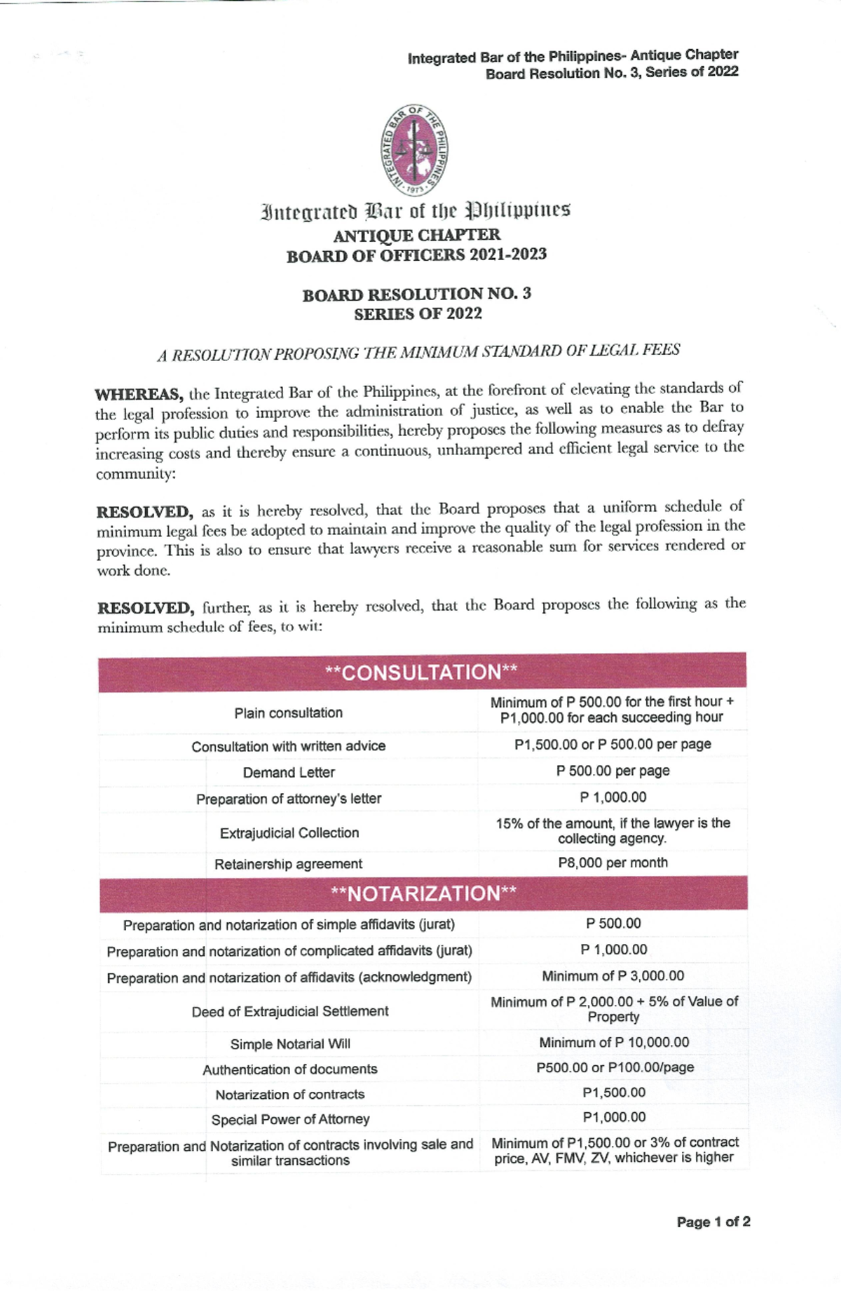Ibp-2022-Notary-Public Rates: Proposed Minimum Legal Fees - Studocu