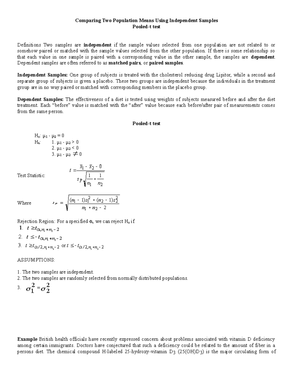Paired-t test and Pooled-t test Comparison - Comparing Two Population ...